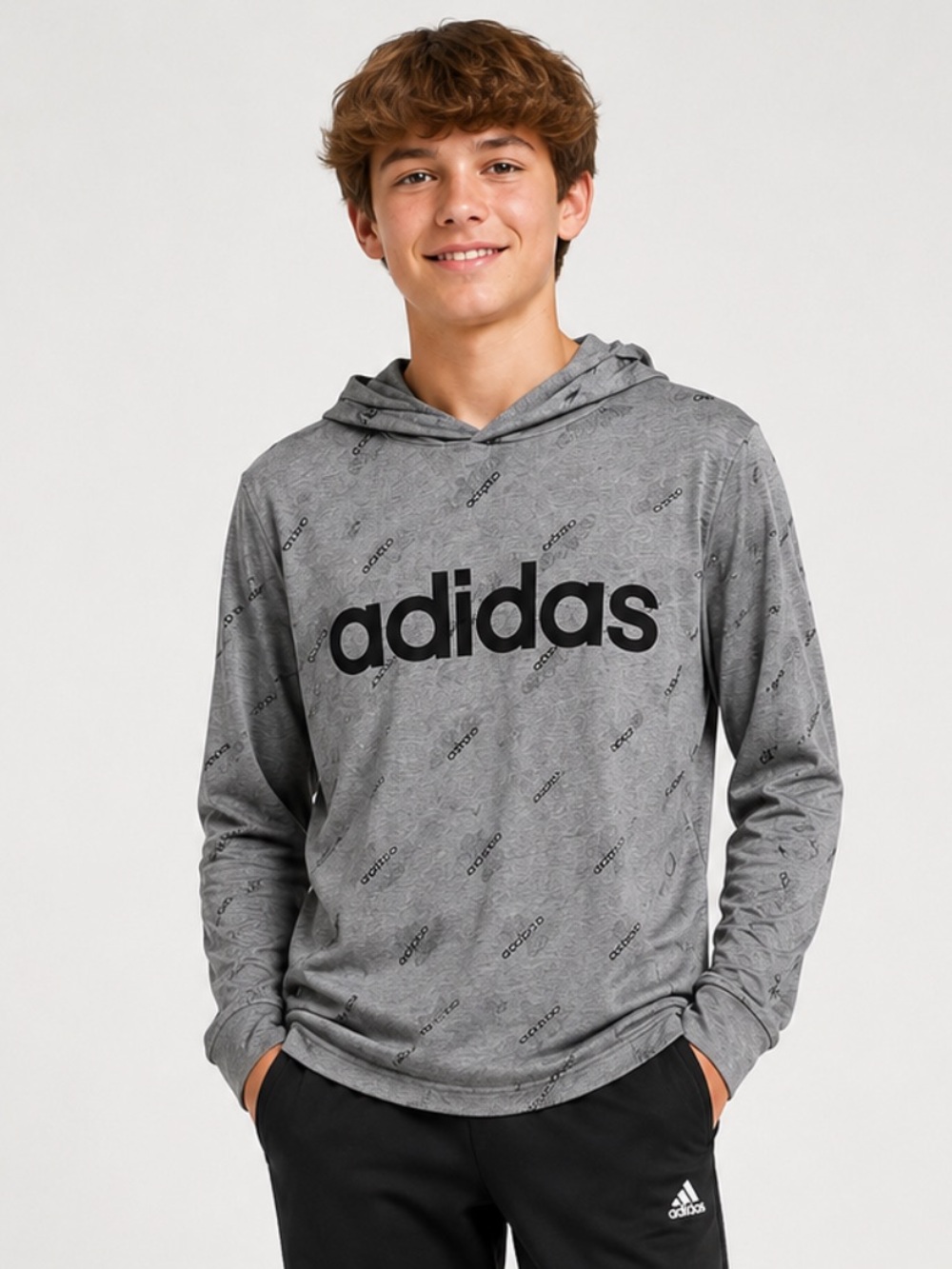 Adidas Boys Gray Logo Lightweight Hoodie Pullover Size 14/16 Large